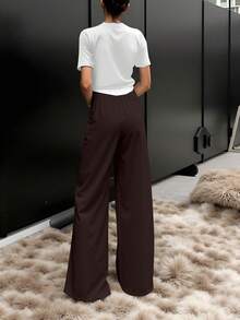 Freeform 春季女士高腰宽松商务休闲优雅度假白色长裤，韩版风格，无腰带（建议选小一码）夏季 - 深棕色 - 查看 5