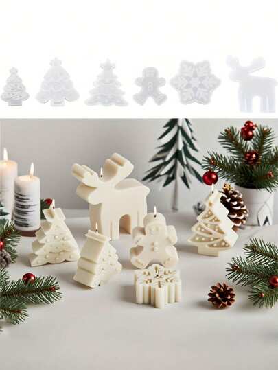 Set de 6 moldes de silicona con diseños navideños: moldes reutilizables, suaves y de fácil desmoldeo para velas perfumadas, jabones hechos a mano y decoraciones de yeso con diseños de árbol, copo de nieve, muñeco de nieve y reno, ideal como regalo y decoración navideña