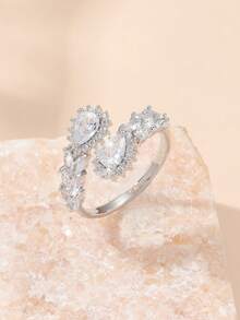 1 pieza Anillo de mujer elegante con circonita cúbica en forma de lágrima, adecuado para uso diario, boda y fiesta - Plateado - Ver 6