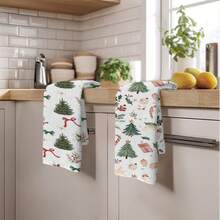 MEMNUN 2 pièces Serviettes de cuisine en microfibre super douces et absorbantes de 15,75 * 23,62 pouces (40 * 60 cm), avec imprimé aquarelle d'arbre de Noël, cadeau de Noël, nœud de bonbon et baie. Convient pour la décoration et les cadeaux de Noël, la cuisine, la cuisson, le thé, le nettoyage, les restaurants et toutes les saisons.