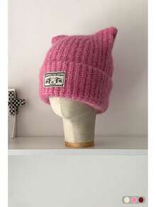 Gorro de punto de unicolor con aplicación de orejas de gato, gorro de punto unisex simple y versátil con protección de orejas cálida, nuevo y adorable gorro de punto con orejas de gato para mujeres, gorro de punto grueso y cálido con protección de orejas para otoño/invierno