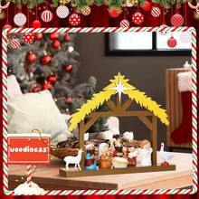 1 pieza Pesebre de madera navideño para escena de Natividad, con techo y estrella en el interior, a escala, establo de madera de la Sagrada Familia para decoración de interiores, mesa de hogar, decoraciones navideñas, decoración de habitación de invierno