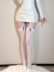1 Pair Of Women's Cross-Shaped Halter One-Piece Over-The-Knee Socks, Velvet Black And White Solid Women's Stockings, Y2k - 彩色 - 查看 6