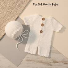 2pcs Newborn Photography Outfits Soft Knitted Baby Romper With Hat Newborn Photography Props Shorts And Cap Set Boy Girl Bodysuit Shooting Romper Baby Shower Gift - Nhiều màu - Xem 4
