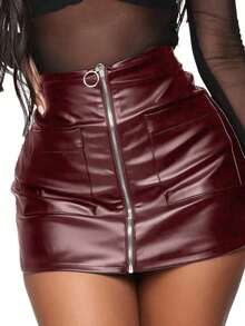 女式性感皮革拉链高腰迷你裙，适合办公室穿着和夜店穿着，春夏季 - 酒紅色 - 查看 3