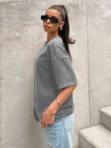 Loose Knit Black Casual T-Shirt-Unisex, Comfortable Vintage Cotton Washed T-Shirt-L91 - 灰色 - 查看 7