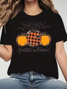 Women's Casual Crew Neck T-Shirt, Thanksgiving Graphic Loose-Fitting Top, Perfect For Everyday Shopping, Perfect For Halloween, Thanksgiving, Or Christmas-Themed Events