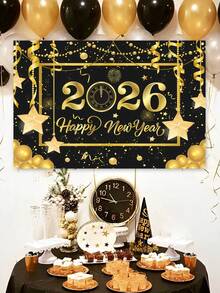 1件2026新年快乐派对背景布，星金图案涤纶背景布，2026新年庆祝派对装饰，家居装饰，房间装饰，墙饰，花园旗帜，新年悬挂装饰，新年礼物，2026新年装饰品 - 新年黑金D款 - 查看 4