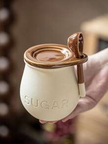 1pc Ceramic Seasoning Jar With Lid And Spoon, Household Kitchen Salt Jar, Sugar Jar, Coffee Bean, Tea Leaf Storage Canister - Beige - View 12