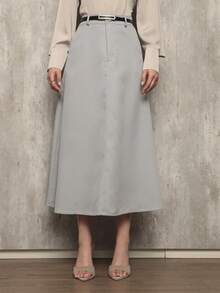 Long Monochromatic Tailored Skirt With Black Belt/Button Details/Casual/Look/Everyday/Summer/Elegant/Casual/Stylish/Collection 2025 - 淺灰色 - 查看 1