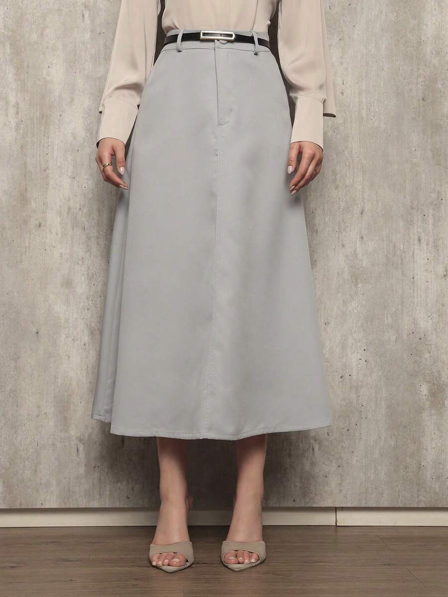 Long Monochromatic Tailored Skirt With Black Belt/Button Details/Casual/Look/Everyday/Summer/Elegant/Casual/Stylish/Collection 2025 - 淺灰色 - 查看 1