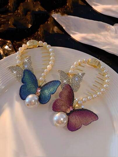 1 pieza Clip para el cabello con mariposa, borla y perla, accesorio de cabello elegante y romántico de estilo retro para coleta, moño y uso diario