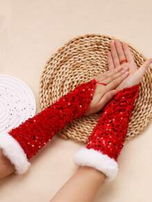 1 Pair Fashionable Versatile Red Sequin Stage Performance Party Formal Gloves, Warm - Red - View 4