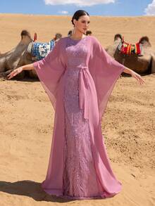 GIFORU Luxury Lavender Embroidered And Sequined Gown - Sheer Cape With Open Back & Belt Accent For Red Carpet Events, Opera Galas And Charity Balls - 藕粉色 - 查看 8