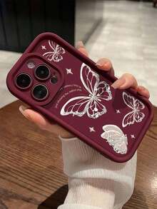 Maroon & Silver Butterfly Pattern Full Coverage TPU Shock-Proof Phone Case, Compatible With Apple 16, 15, 14, 13, 12, 11 Pro Max, And Series,Suitable For IPhone 17 Air - Burgundy - View 6