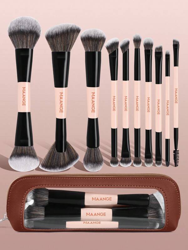 MAANGE 6/11/12pcs Professional Makeup Tools Kit With Double Headed Dual Use Makeup Brush Set Foundation Brush Face Brush Pouch Foundation Brush Loose Powder Brush Blush Brush Fan Brush Eyeshadow Brush Lip Brush Eyebrow Brush Highlighter Brush Mascara Brush Highlighter Brush Makeup Tools Gift For Women & Girl Travel Makeup Brush Set