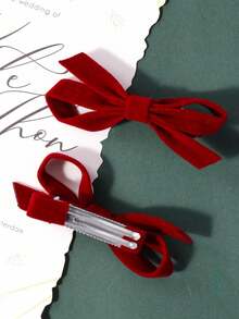 2pcs Velvet Bow Hairclips, Elegant Side Bangs Clip, Autumn/Winter - Burgundy - View 5