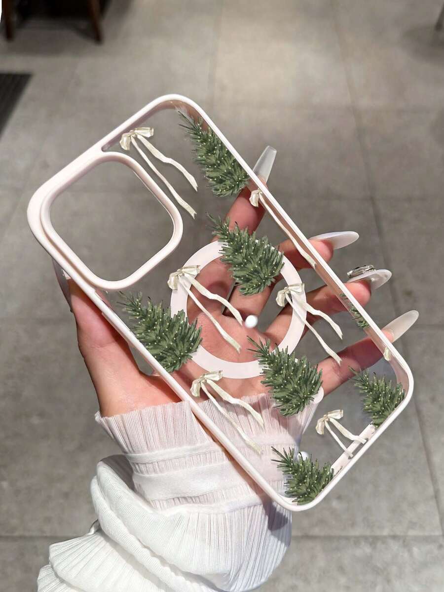 Pink Magnetic Adsorption Phone Case With Pine Tree & Bow Print, Compatible With Samsung A15/35/54/55 And S Series, 16 Pro Max, 14/13, 12, 11 Pro Max, XS Max, X, XR, 8, 7, Plus, Mini, Great As Birthday Gift For Girlfriend, Boyfriend Or Personal Use - Multicolor - View 1