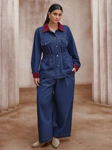 Sollinarry 2 st plus size kvinnor denim kontrastfärgad knapp framtill i midjan med fickdekor, jacka, topp och byxor, höst/vinter - Denimblå - Visa 7