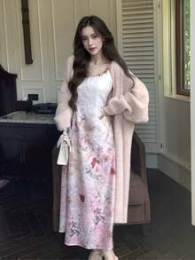 Suéter feminino elegante rosa felpudo, cardigans, roupas de Natal, moda outono inverno, pele sintética, casaco longo, estilo coreano, feminino, casual, solto, malha, agasalho