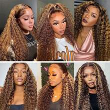 NARNI 30 32 Inch Invisible Strap Highlight 360 Human Hair Wigs 250% Density Honey Blonde 13x4 HD Deep Wave Lace Frontal Wig With Drawstring Pre Plucked Glueless Wig Wear And Go 4/27 Brown Colored Ombre Culry Wig For Women - S4/27 - Xem 11