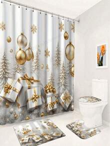1/4 Pcs Christmas Gray & White Background Gold Foil Print Shower Curtain, Waterproof Polyester Fabric, Walk-In Shower Curtain With 12 Hooks, Bathroom Non-Slip Mat, Toilet Seat Cover And U-Shaped Pad, New Year Bathroom Decor Set