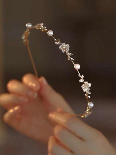 1pc Women's Solid Color Alloy Metal Flower Faux Pearl Rhinestone Thin Headband, Elegant Sweet Campus Style, Suitable For Party, Prom, Daily Wear ,Hair Hoop Hairband For Women Hair Accessories Head Accessories