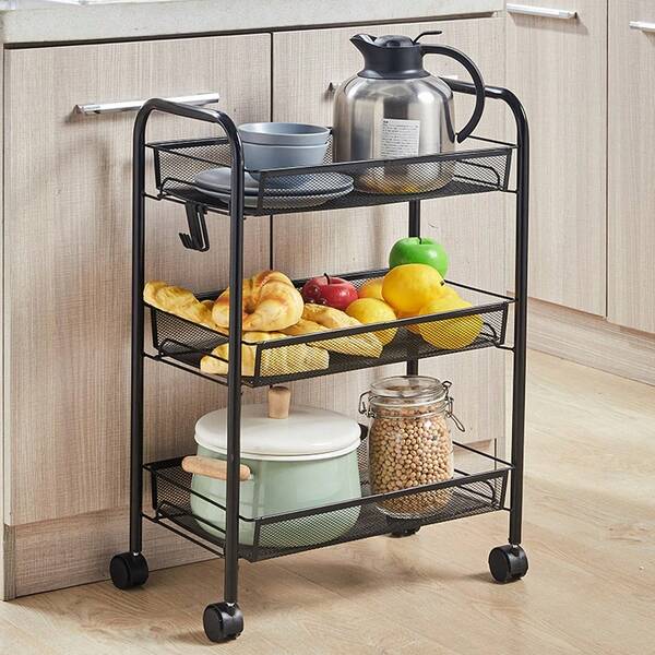 3-Tier Storage Trolley Cart, Slide-Out Slim Rolling Utility Cart On Wheels, Mobile Storage Narrow Space Rack Shelving Organizer For Kitchen, Bathroom, Laundry Room, Bedroom, Narrow Places