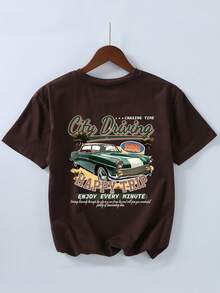 青少年男孩卡通汽车和标语图案圆领短袖休闲T恤 - 棕色 - 查看 7
