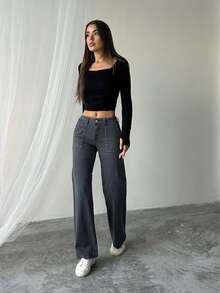 Stone Patterned Wide Leg Women's Trousers - Volcanic Gray - View 6