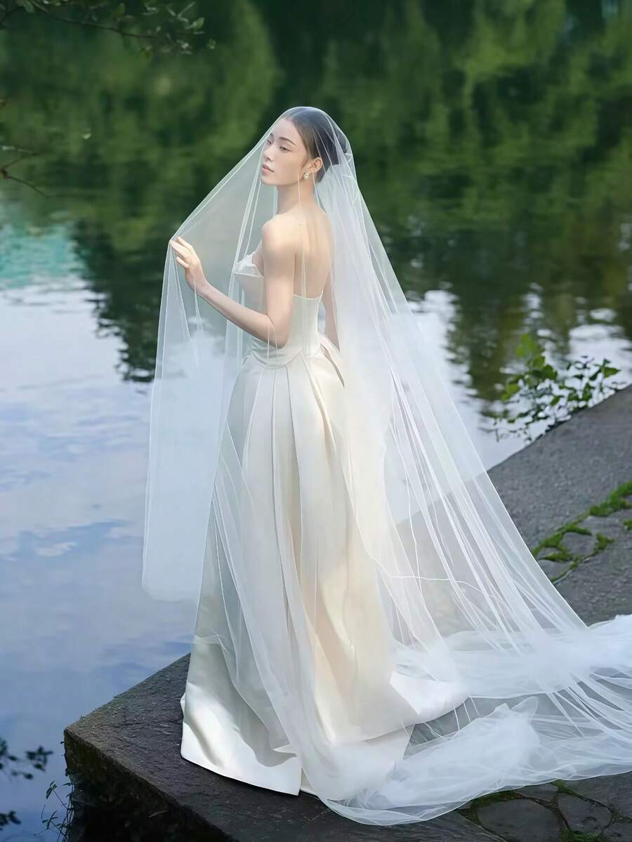 1pc White Sheer Bridal Veil, Black Single Layer Transparent Long Train Wedding Veil, Suitable For Wedding, Party, Cosplay, Photography