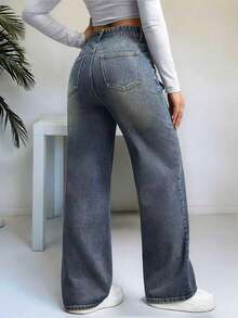 Straight Leg Loose Casual Jeans With Pockets, Versatile For Teenage Girls - Medium Wash - View 2