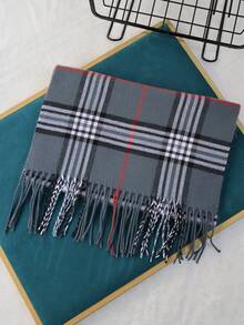 1 件男士时尚双色蓝灰色流苏针织休闲保暖男士围巾，适合秋冬季上学、日常生活和街头穿着男士配饰 - 彩色 - 查看 8