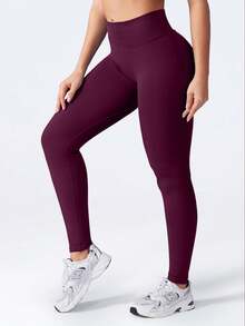 Yefecy Women's High Waist Seamless Sports Leggings, Butt Lifting, Fitness Yoga Pants, Tummy Control, Ruched Skinny Tights - Purple - View 5