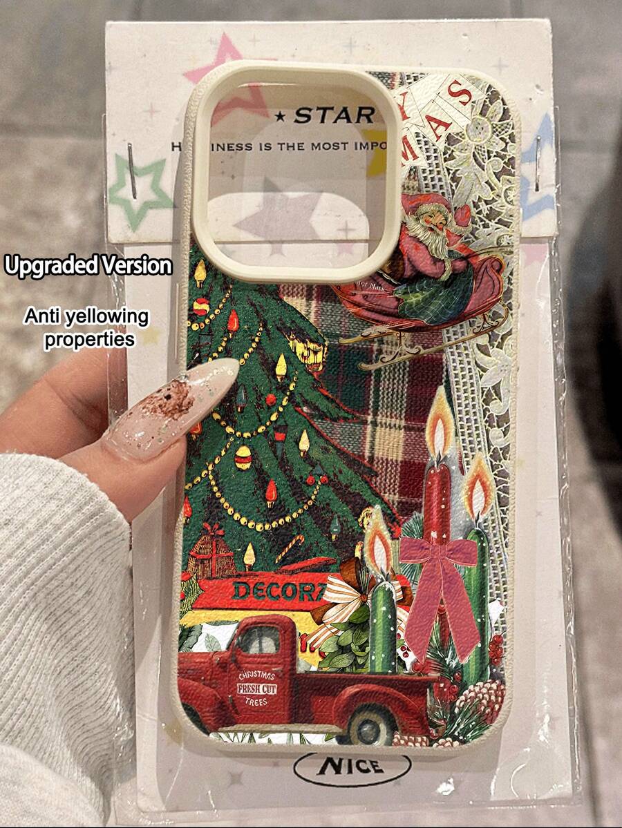 1 Stück Weihnachtsbaum & Kerzen Muster Klassisch Retro Patchwork Ästhetisch Stylisches Handyhülle, geeignet als Geburtstags-, Feiertags-Geschenk für Freunde, Familie, Paare, Lychee-Textur staubdicht wasserdicht Soft-Schale kompatibel mit iPhone/// 17/16/15/14/13/12/11/Pro/ProMax/X/XR/XS/XSMAX/7/8/PLUS - Verschiedenfarbig - Übersicht 1