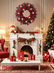 1 Stück Künstlicher Weihnachtskranz mit roten Beeren für Haustür, Winterkranz mit roten Beeren für Innen- und Außenbereich, Weihnachts- und Winterdekoration, Fröhliche Weihnachten