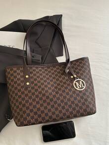 Fashionable Geometric Pattern Foldable Tote Bag, Large Capacity, With Mini Wallet, Suitable For Girls And Women For Shopping, Commuting And Travel, Retro Style Handbag/Backpack