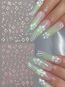 3D 芙蓉花指甲贴纸夏季装饰粉白花朵指甲贴热带叶子滑块美甲箔（2 件） - 彩色 - 查看 1