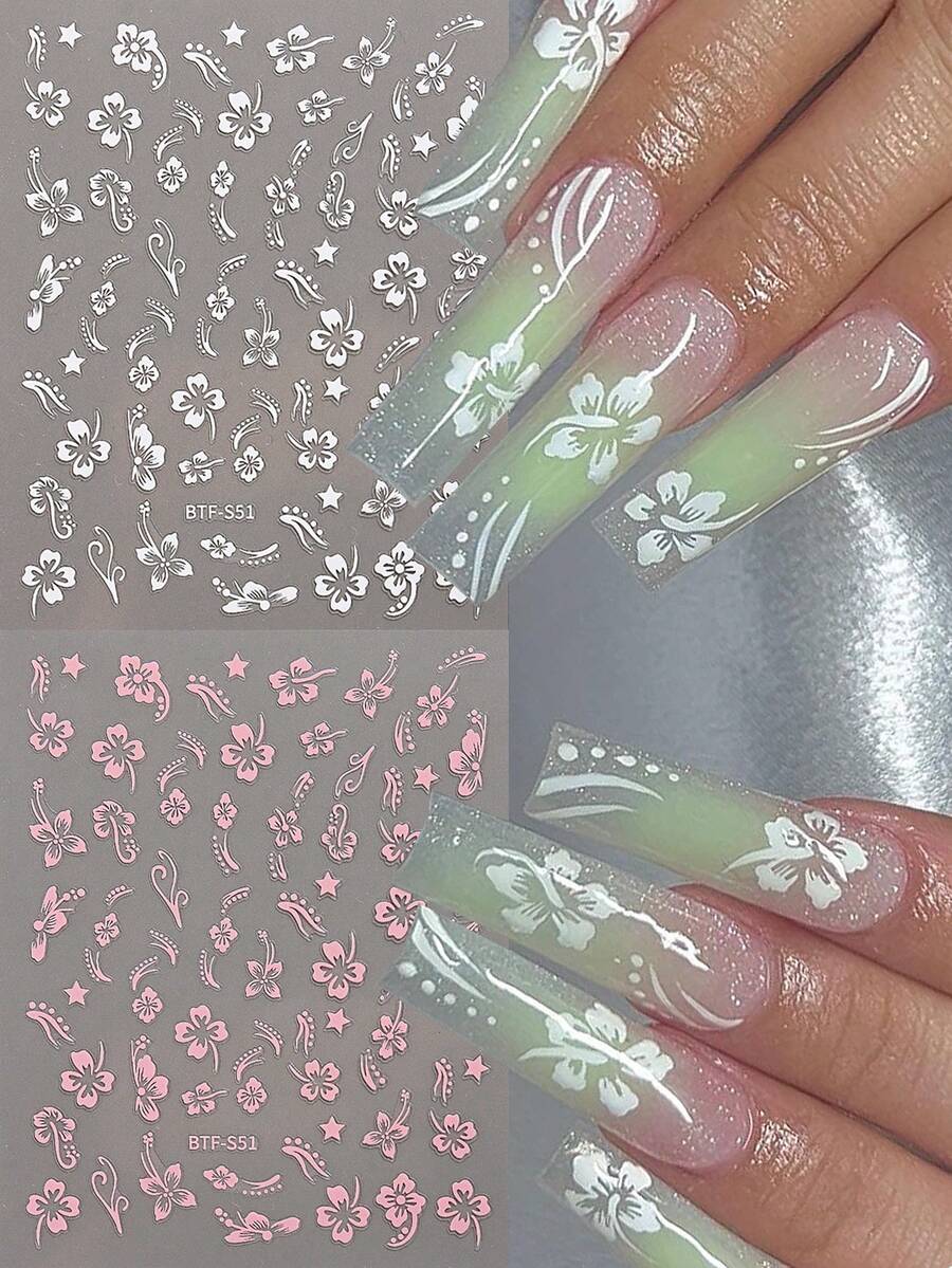 3D 芙蓉花指甲贴纸夏季装饰粉白花朵指甲贴热带叶子滑块美甲箔（2 件） - 彩色 - 查看 1