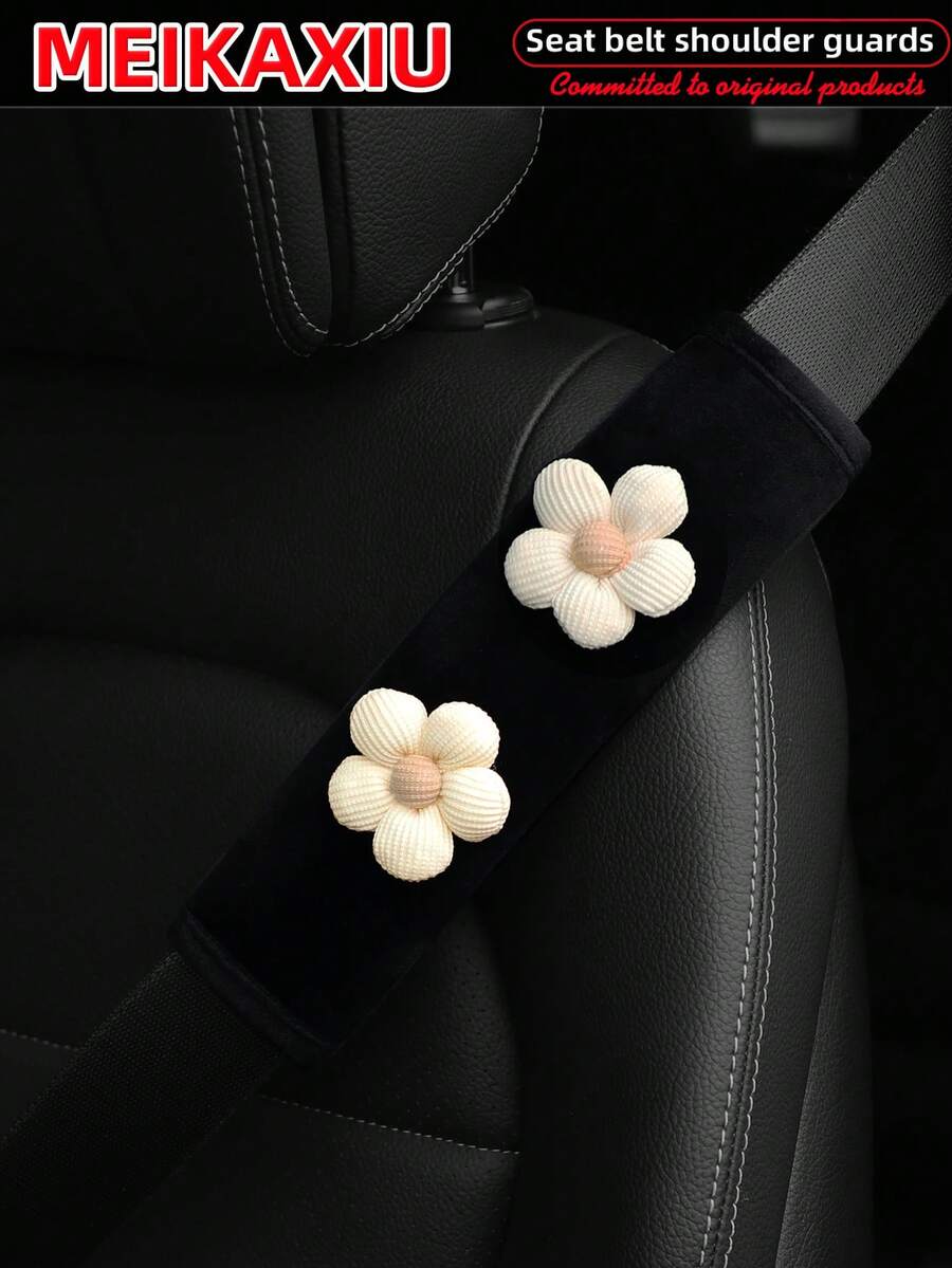 MEIKAXIU 1pc/2pcs New Floral Plush Comfortable Car Seat Belt Shoulder Cover, Safety Belt Decoration, Car Decor, Fashion Business Pink For Women - Small Flower Plush Shoulder Pad - View 1