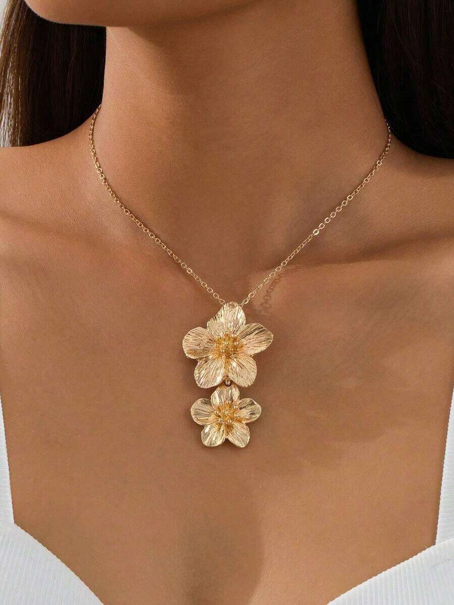 Elegant Double Metal Flower Golden Pendant Necklace Exquisite Necklace Jewelry Suitable For Daily Commute Date Matching Workplace Outfits Party Decoration Festival Gifts - 金黃色 - 查看 1