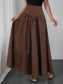 Elegant Women's A-Line Skirt, Suitable For Dates, Student Wear, Daily Travel, Versatile, Casual, Beach And Other Occasions. Elegant And Casual Women's A-Line Skirt, Solid Color, Waist-Shaping, Pleated Design, Woven Fabric, Available In Multiple Colors, Suitable For Outings And Can Also Be Worn As Loungewear. - Mocha Brown - View 5
