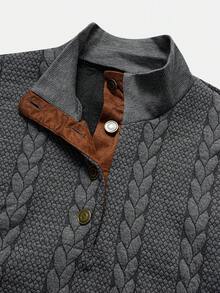 男士休闲纹理四分之一扣套头卫衣，简约时尚男士卫衣，长袖上衣 - 深灰色 - 查看 6