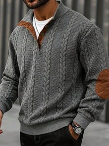 男士休闲纹理四分之一扣套头卫衣，简约时尚男士卫衣，长袖上衣 - 深灰色 - 查看 3