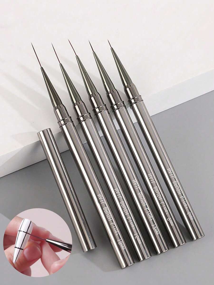 Bộ 5 cọ vẽ móng, bút vẽ hoa văn, sọc, kích thước 6/9/12/15/18mm, cán kim loại, có nắp đậy. - Nhiều màu - Xem 1