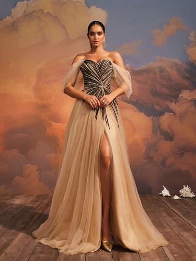 VIPGIRL Luxurious Champagne Gold Off-Shoulder Sequin Layered Tulle High Slit With Back Lace-Up Long Gown For Women, Dreamy Evening Dress For Prom And Banquets,Elegant Gown, Prom Gown, Dreamy Design,Sheer Sleeves