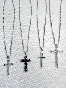 1 件简约水钻镶嵌十字架不锈钢项链，长款多层项链，适合日常佩戴，男女通用