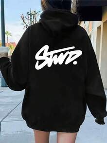 Women'S Casual Hoodie With STWD Letter Print - Long Sleeve Pullover, Round Neck Polyester Pocket, Drop Shoulder Design, Machine Washable, All-Season Comfort Fit, Casual Wear Hoodie - 黑色 - 查看 1