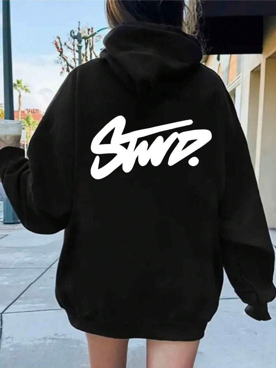 Women'S Casual Hoodie With STWD Letter Print - Long Sleeve Pullover, Round Neck Polyester Pocket, Drop Shoulder Design, Machine Washable, All-Season Comfort Fit, Casual Wear Hoodie - 黑色 - 查看 1
