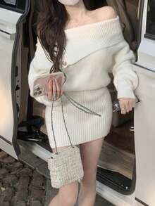 韩版简约露肩修身毛衣裙 - 白色 - 查看 2